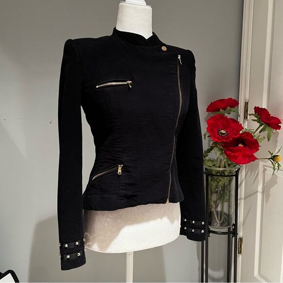 Zara Studded Edgy Velvet Cotton Asymmetric Fitted Zipper Tailored Moto Jacket S - Picture 2 of 10